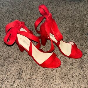 Women's Red, Chunky, Strappy Pump Heels - Size 11